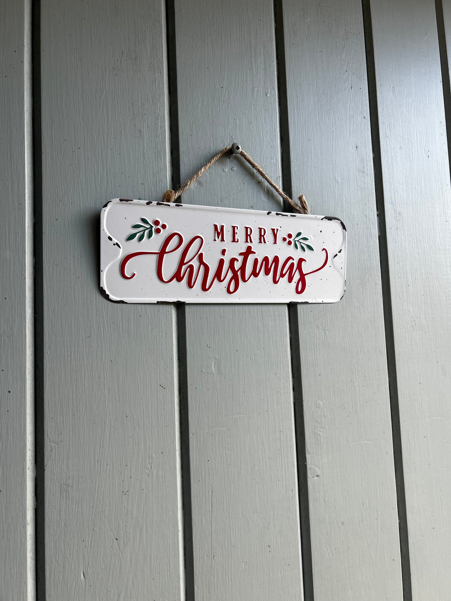 Distressed metal, vintage ‘Merry Christmas’ sign